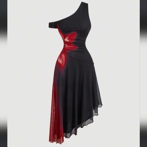 One-Shoulder Black and Red Floral Accent Dress